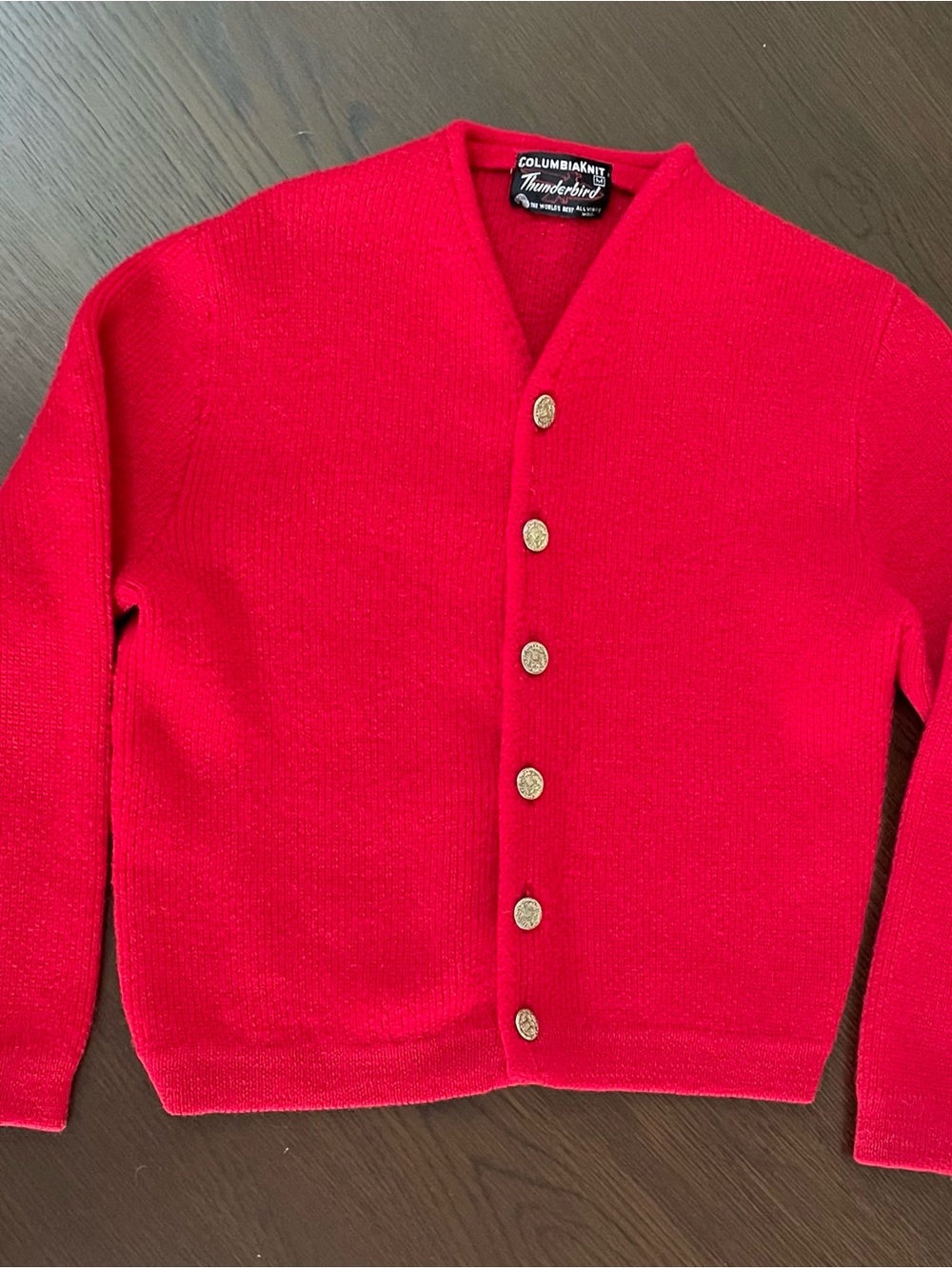 VTG 60s Columbiaknit Thunderbird Red Wool Cardigan Sweater Men M Crest Buttons